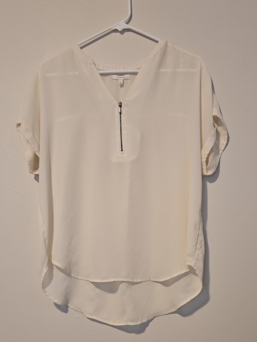 Maurices Cream Short-Sleeve Zip V-Neck Blouse